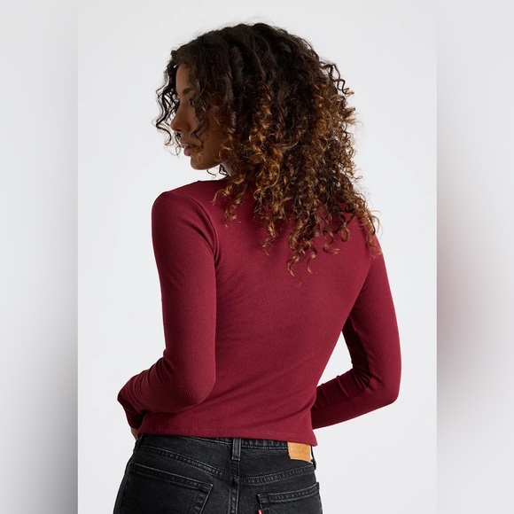 Burgundy Ribbed Knot-Front Cutout Long Sleeve Top - Picture 3 of 4